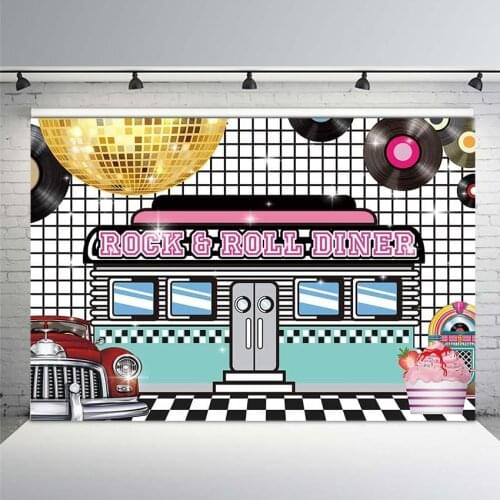 50s Retro Rock N Roll Diner Party Backdrop Sock Hop Dance Cosplay Prom Photography Background Classic 1950s Birthday Wedding