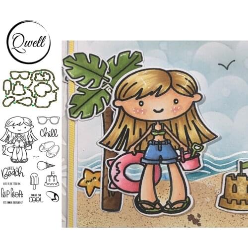 QWELL Metal Cutting Dies With Clear Stamps Set Beach Girl Glasses Slipper Sandy Castle Ice Cream DIY Craft Craft 2020 New
