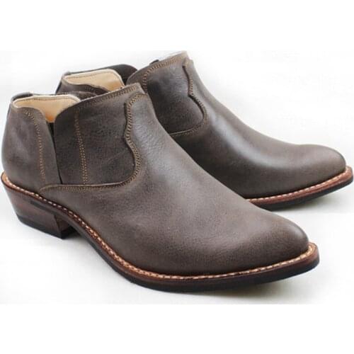 Mens Slip-on Cowhide Genuine Leather Work Boots Ankle Short Botas Hombre Handmade Top Quality Pointed Toe Men Boots, EU38-45