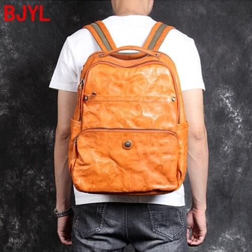 Mens Backpack Shoulder Bag Travel Backpacks Cowhide Leather Large-capacity Vintage Retro Handmade Vegetable Tanned Leather Male