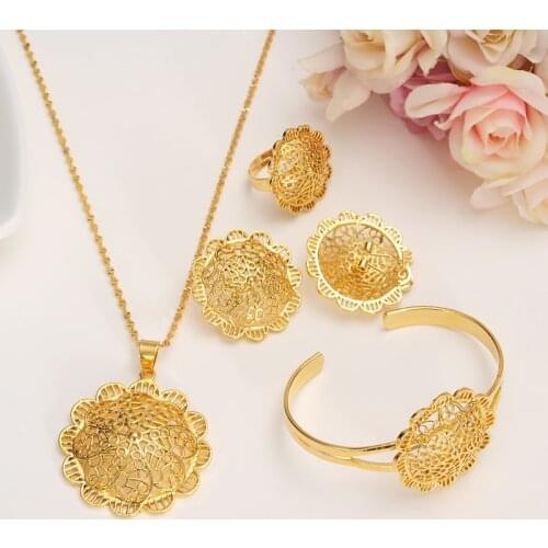 New Ethiopian Big Pendant &Big Clip Earrings women Jewelry sets Gold African Wedding bridal setGift Habesha Flower girls charm