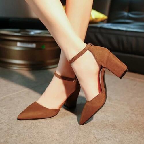 Summer new pointed thick chunky high heels closed toe pumps with buckle ankle wraps sweet sandals women pink black gray 34-40