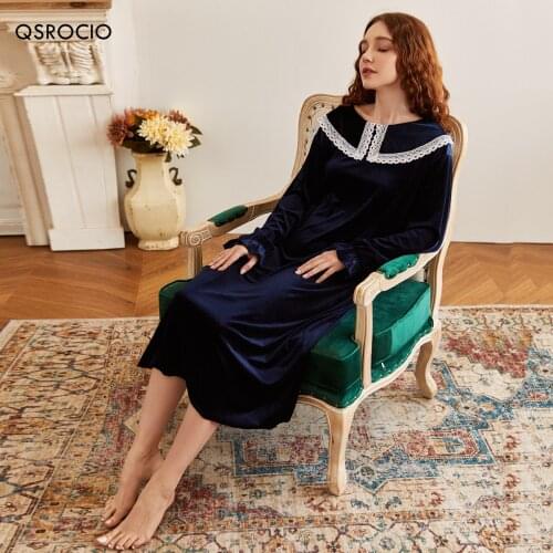 QSROCIO Autumn Womens Pajamas Vintage Large Lapel Velvet Sleepwear Retro Elegant Long Sleepdress Homewear Winter Nightwear