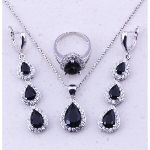 Pleasant Black Imitation Crystal White CZ Sterling Silver Water Drop Jewelry Sets For Women Trendy Fashion Jewelry J0024