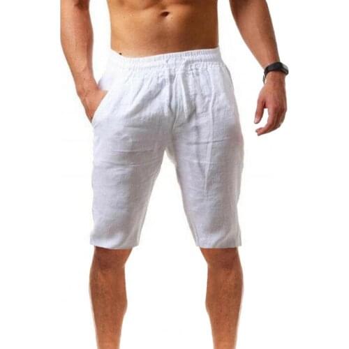 Men Shorts Solid Color Breathable Cotton Linen Drawstring Mid Rise Short Pants Knee-length Shorts for Running