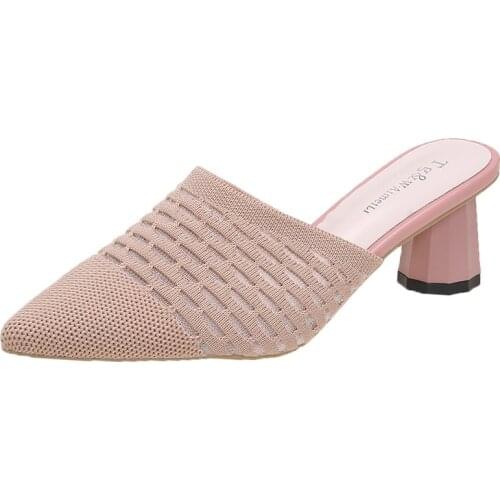 Women Baotou Mesh Upper Pointed Thick Heels Slipper Muller Womens Fashion Summer Sandals And Slippers