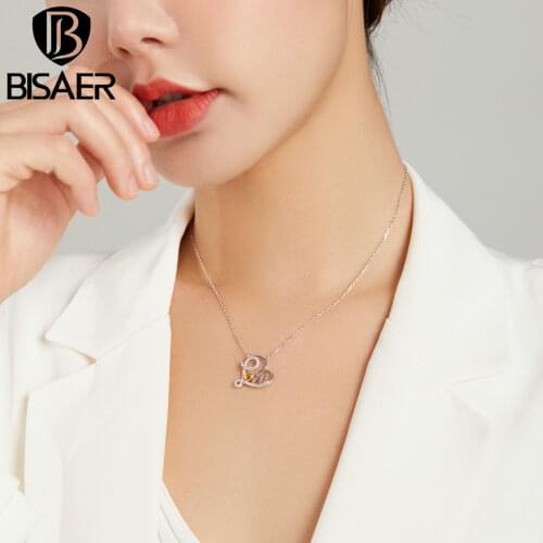 BISAER New Love Heart Collar 925 Sterling Silver Love Symbols Pendant Necklaces for Women Coin Simple Necklace Jewelry ECN436