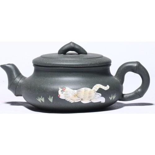 Yixing Famous Purple Sand Pot Round Mouth Bean Green Mud Flat Bamboo Pot Kung Fu Tea Set Teapot Household Teapot