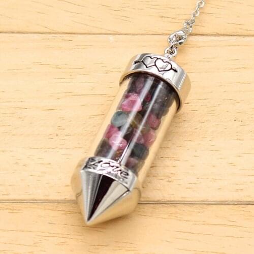 100-Unique Silver Plated Love Wish Bottle Tourmaline Pendant with Stone Beads Chain Statement Jewelry