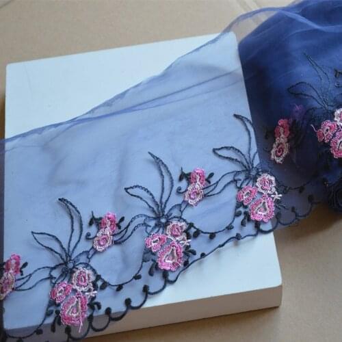 2Yds/Lot 15cm Wide Transparent Blue Gazue Fluorescent Pink Flower Embroidery High Quality Lace Trim For Undergarments,Wedding