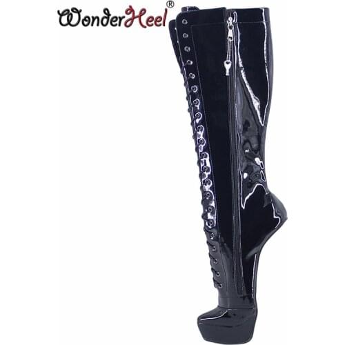 Wonderheel 2021 New 8" Hoof Heels Black Shiny Sexy Fetish Platform Knee High Cosplay Boots Locked Zipper Horseshoes Shoes