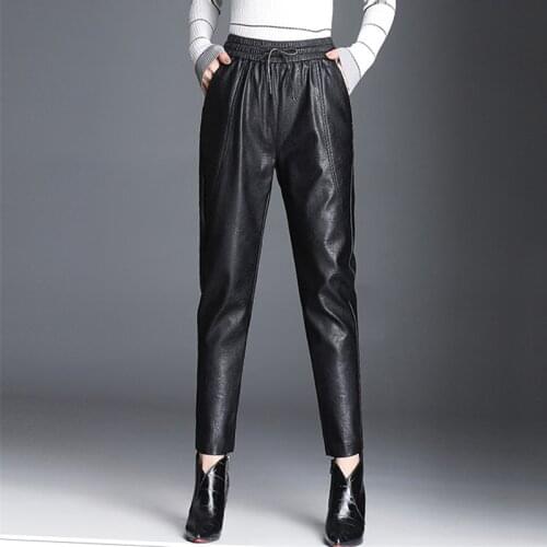 Women PU Leather Pants Fashion Drawstring Tie Ankle Trousers Elastic Waist Pants Pockets Black Streetwear Pantalones Mujer P162