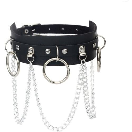 Goth Black PU Leather Choker Collar Wide Necklace For Women Multi Chains Round Pendant Vintage Punk Gothic Party Jewelry E115