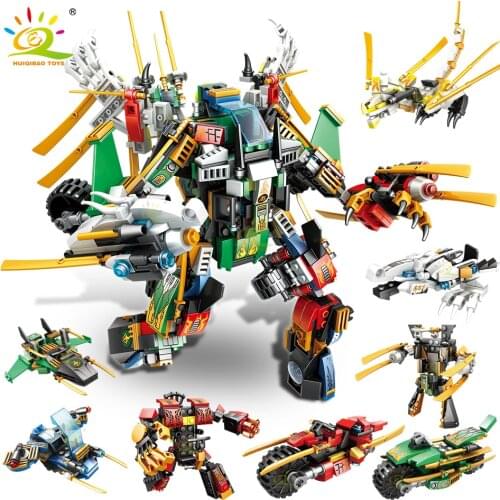 HUIQIBAO 812pcs Ninja Dragon Knight Mecha Weapon Building Blocks City Robot Fight Ninja Figures Motorcycle Bricks Toys Children