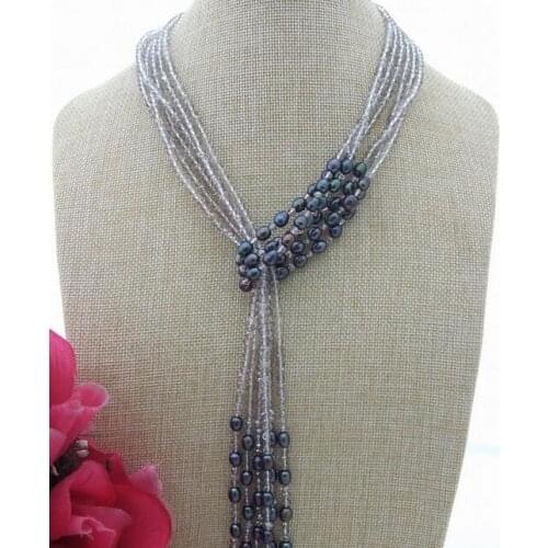 New beautiful 50" Black Pearl Gray Crystal Necklace earring set