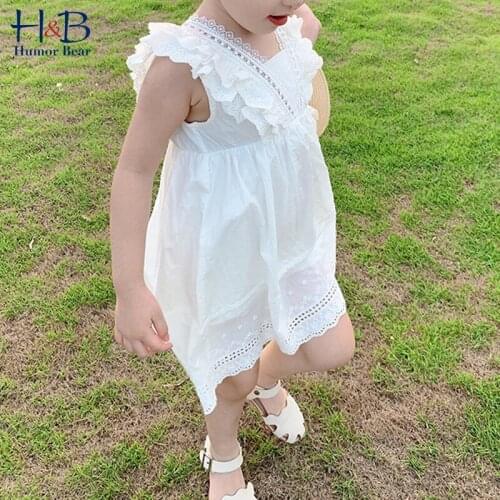 Humor Bear Girls Dress NEW Summer Sleeveless V-Neck Lace Hollow Solid Color Cute Toddler Kids Clothes
