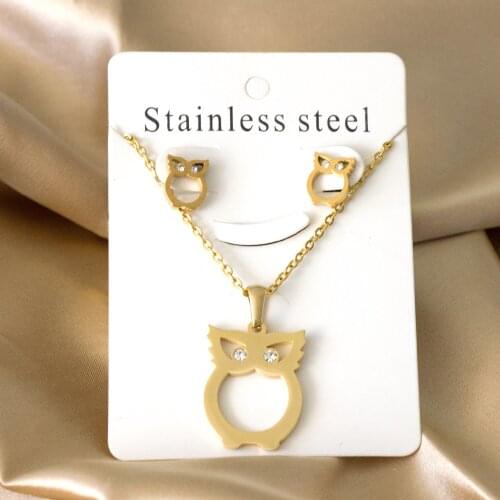 Fashion Gold/Silver Color Owl Pendant Necklace and Stud Earrings Set with Cubic Zirconia for Women Girl Jewelry Accessories