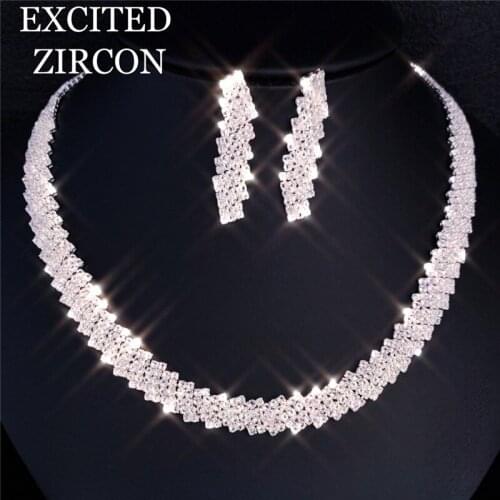 Fashion Women Necklace Earrings Set Copper Rhinestone Wedding Bridal Lady Dangle Earring Necklaces Jewellery Accessories