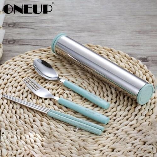 ONEUP 4Pcs/Set Tableware Stainless Steel Fork Spoon Chopsticks Travel Camping Dinner Set Western Cutlery Kitchen Food Tableware