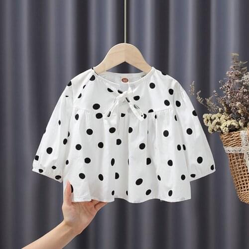 2021 Autumn Kids Clothes Girls White Blouse Cute Polka Dot O-neck Cotton Shirt Children Clothing Baby Toddler Casual Blusas