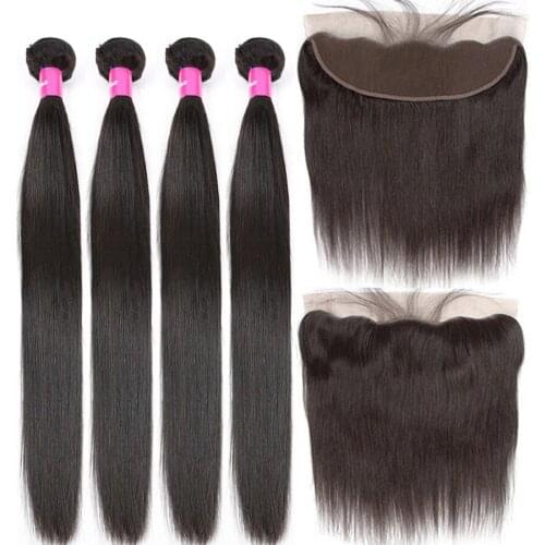 Peruvian Bone Hair 4 Bundles With 13x4 Frontal 150% Density Remy Hair 13x4 Ear To Ear Lace Frontal Closure With Bundles