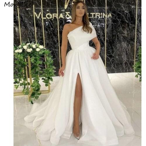 Prom Dresses One Shoulder Sleeveless A-Line Side Slit Tulle Pleated Prom Dresses With Lace Up Back vestidos de fiesta de noche