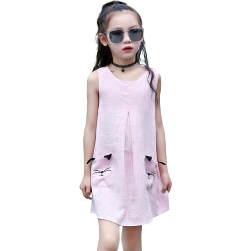 Dresses For Girls Cartoon Cat Pattern Girl Party Dress Sleeveless Children Girls Dress Solft Cotton Girls Summer Clothes