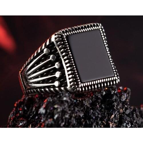 925 Sterling Silver Mens Ring with Square Black Onyx Stone Ring for Men with Black King Crown