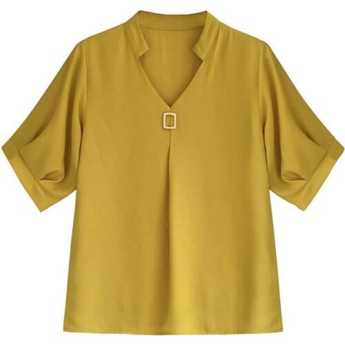 Women Elegant Korean Loose Slim New Ladies Tops 2021 Plus Size Summer Tops Blouse Solid V-Neck Short Sleeve Chiffon Blouse