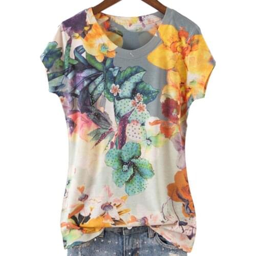 Women t-shirts 2021 summer new beaded slim fashion printed diamond top tees lady cotton tops plus size 4XL