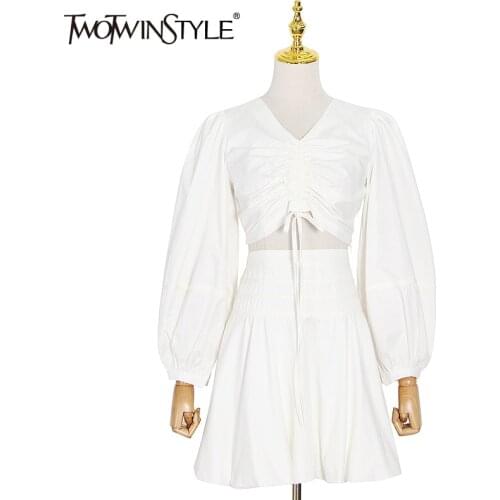 TWOTWINSTYLE Sexy Two Piece Set For Women V Neck Lantern Sleeve Lace Up Top A Line Skirt White Sets Female 2021 Spring Clothing