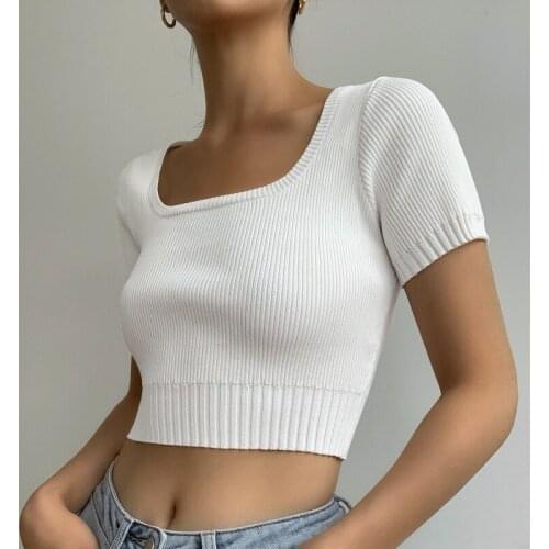Square Neck Knit White Short Top Ladies Summer Casual T-shirt Basic Sexy Street Wear Ribbed Black Short Sleeve Top vintage