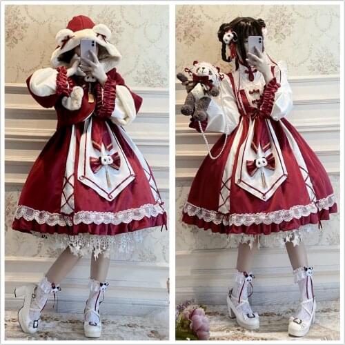 Round Panda Cook Chinese Style Womens Lolita Long Sleeve Dress & Red Bear Ear Hat Cape Red Cute Girl Christmas Festival