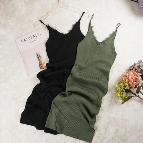 New Women Spaghetti Strap Dresses Split V-Neck Lace Patchwork Knitted Dress Ladies Sleeveless Bodycon Tank Dress Vestidos SF849
