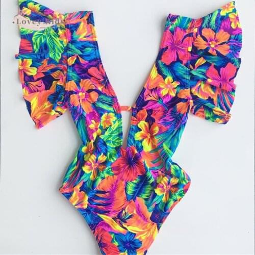 2020 Women Sexy Off Shoulder Ruffle Floral Print One Piece Swimsuit Swimwear Swimsuit Deep-V Bathing Suits Beach Wear Swimming