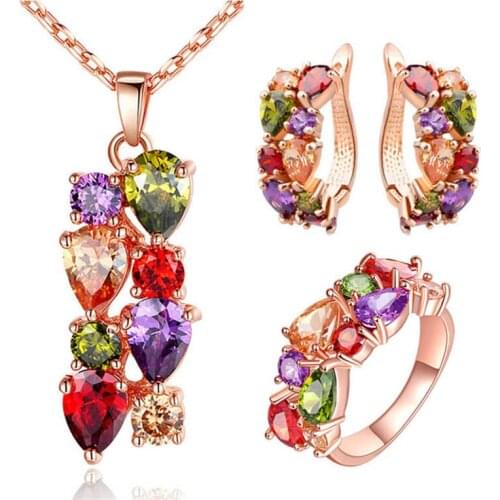 3pcs Classical Multicolor Mona Lisa Necklace Ring Earrings Sets For Women CZ Zircon Weddings Jewelry Sets Bridal Wedding Brnicos