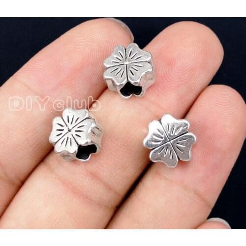 50pcs-Antique Tibetan Silver Flower Beads, Four Leaf Clover Beads 10x10mm