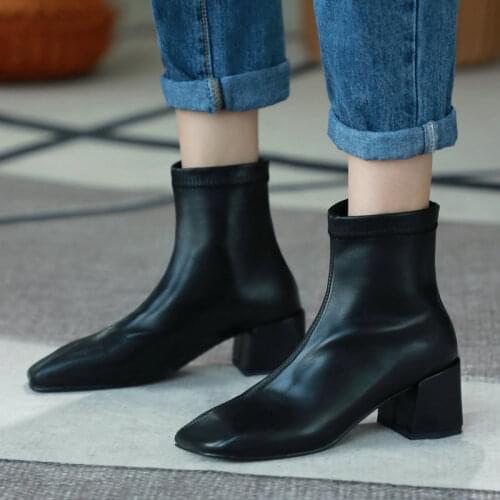 AGODOR 2020 New Winter Ankle Boots Square Toe Fashion Mid Block Heel Ankle Booties Shoes Elegant Ladies Boots Size 34-43