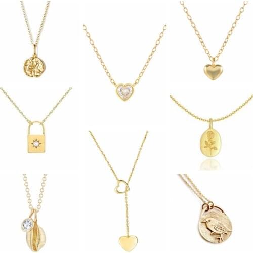 GS 925 Sterling Silver Zircon Heart Pendant Necklaces For Women Bird Fox Fish Animal Pattern Round Plate Charm Necklace Gift