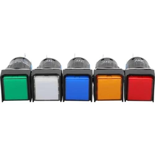 LA16 Green/White/Blue/Orange/Red Latching/Momentary 1NO 1NC LED Illuminated Light Square Pushbutton Switch AC 220V 5 Pins