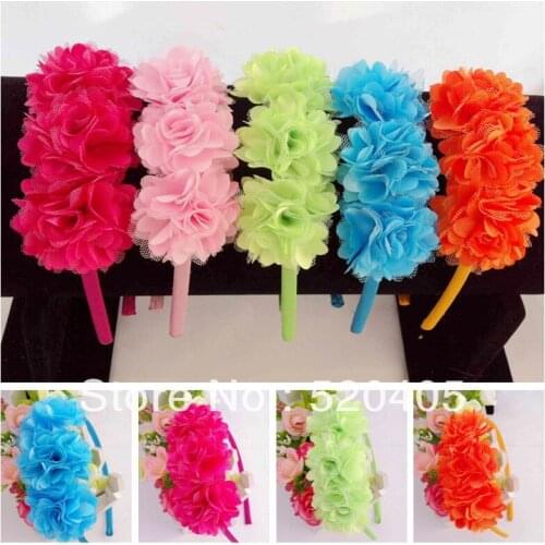 Mini three Mash Flower in a row Satin Ribbon crochet flower hair band Korea headband for girls forehead headbands 20PCS