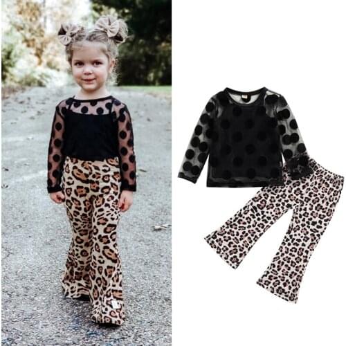 3pcs Fashion Kids Girls Clothes Sets Long Sleeve Polka Dot Mesh Tops+Solid Vest+Leopard Printed Flare Pants 1-6Y