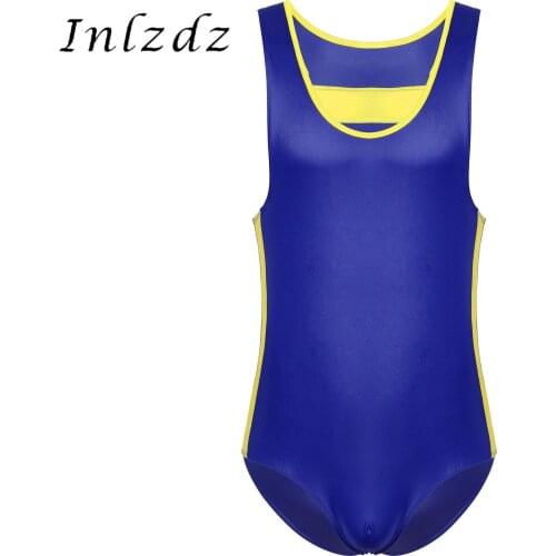Mens Lingerie Sexy Patent Leather Sports Bodysuit Underwear Round Neck Stretchy Patchwork Fitness Gymnastic Leotard Costume