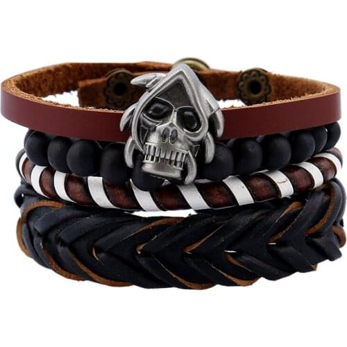 Gothic Punk Men Bracelet Set Multilayer Vintage Skull Charm Wristbands Handmade Leather Wrap Bangle Hippie Fashion Women Jewelry