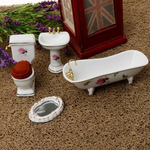 1/12 Dollhouse Porcelain White Bathroom Suite Furniture Set Toilet Sink Mirror and Bathtub, Dolls House Life Scene Ornament