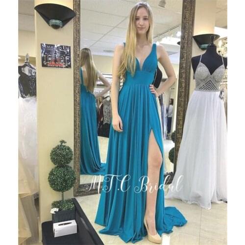 Newest Backless Long Evening Dress High Slit V Neck Elastic Satin Special Occasion Women Dresses 2019 Cheap Prom Gowns Custmize