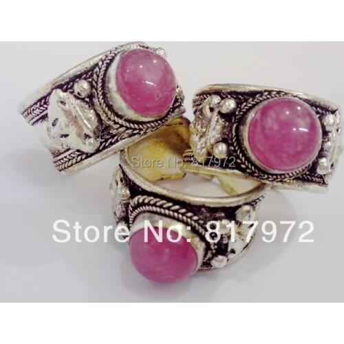 Wholesale High Quality 10pcs Retro Style Fashion Tibet Silver Pink Crystal Bead Lace Ring Adjustable Unisex Party Gift