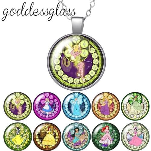 Disney Princesses Belle Snow white Tinkerbell Round Glass glass cabochon silver plated/Crystal pendant necklace jewelry Gift