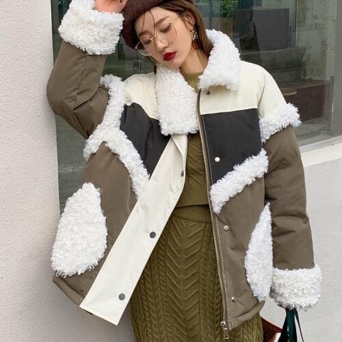 2021 Winter Coat Women Warm Faux Fur Stitching Cotton Jacket Womens Loose Contrast Color Bread Cotton Coats Lamb Wool Female