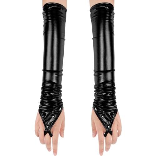 MSemis Women Ladies Wet Look Patent Leather Gloves Goth PunkMetallic Fingerless Long Gloves with Rivets for Disco Dance Party